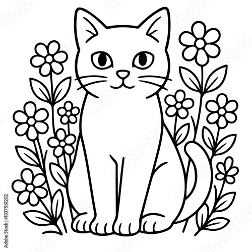 Cat among Flowers: A cute cat with large eyes sits calmly amidst a field of flourishing flowers, embodying tranquility and the simple joys of life.