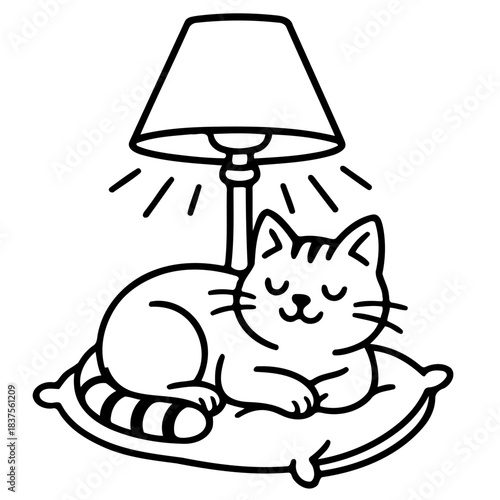 Cozy Cat Under the Lamp: A peaceful scene shows a contented cat curled up on a soft pillow, basking in the warm glow of a desk lamp, embodying comfort and serenity.