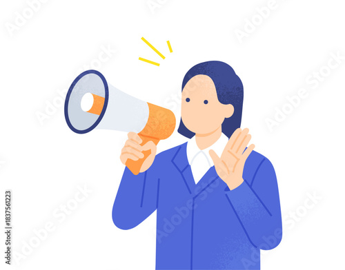 拡声器を持って案内する作業服姿の女性 ベクターイラスト素材