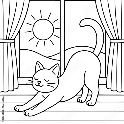 Cat Stretching by Window: A peaceful cat stretches lazily in front of a sunny window, embodying the calm and cozy essence of a bright day. 