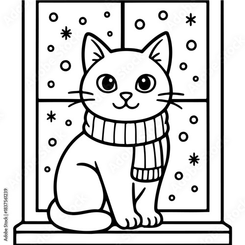 Cozy Winter Cat: A cheerful cat, adorned in a snug scarf, sits serenely in a window, observing the tranquil snowfall outside.