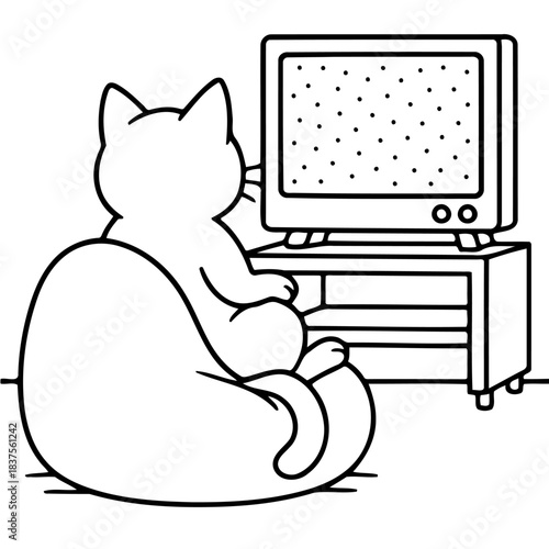 Cat's TV Obsession: A stylized illustration captures a cat captivated by the static screen of an old television, curled up on a comfy beanbag chair.
