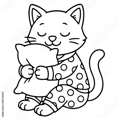 Cute Cat's Peaceful Slumber: A sweet illustration of a charming cat in pajamas, hugging a pillow, representing tranquility, calmness, and the warmth of a peaceful rest.