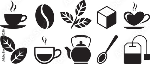 Black icons of tea and coffee including cups, beans, leaves, teapot, spoon, sugar cube, and tea bag