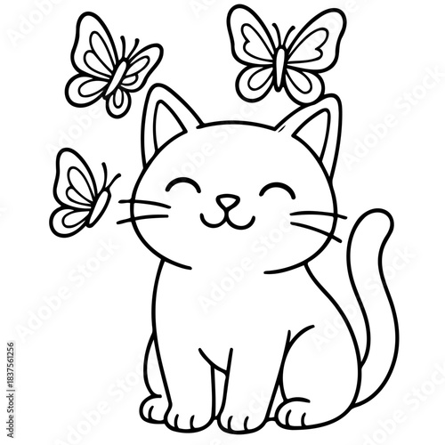 Cute Cat and Butterflies: A charming illustration depicts a sweet cat interacting with three delicate butterflies, embodying joy and lightheartedness.