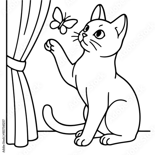 Playful Feline and Butterfly: An endearing cartoon depiction of a curious kitten, extending a paw towards a fluttering butterfly in an interactive moment. capturing a lighthearted essence.