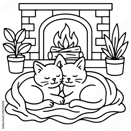 Cozy Cats by Fireplace: Two adorable cats enjoy the warmth of a fireplace, symbolizing home, comfort, and serenity, flanked by potted plants and a rustic brick mantelpiece.