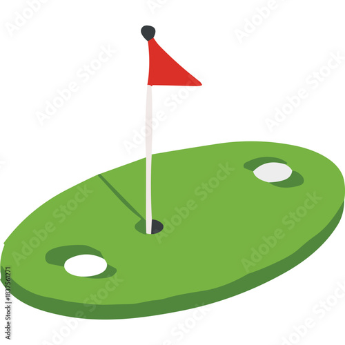 Green Golf Course Hole With Red Flag and White Ball On Black Background