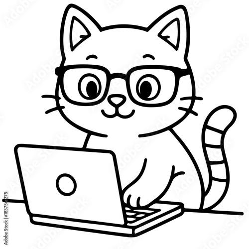 Smart Cat at Work: A clever cat wearing glasses sits attentively, engrossed in its work on a sleek laptop, blending tech with feline charm.