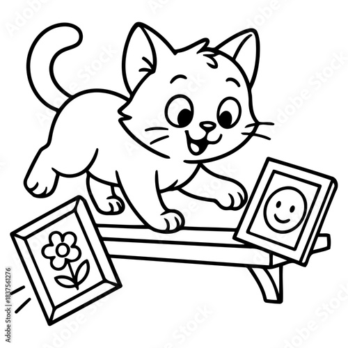 Playful Kitten's Art Mishap: A mischievous kitten playfully interacts with a bench, playfully knocking over two framed artworks, bringing a touch of adorable chaos to the scene. 