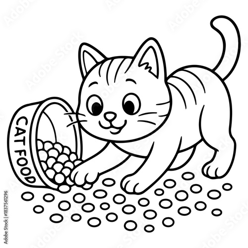 Playful Kitty with Cat Food: A cheerful cartoon cat playfully interacts with a bowl of cat food. The image captures the simplicity and joy of a beloved animal companion.