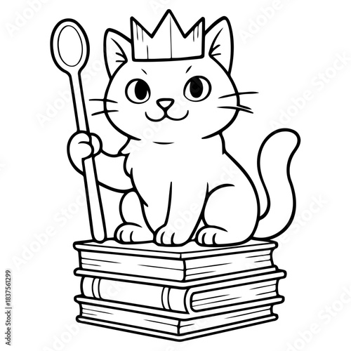 Cat King of Books: An illustrated king cat, proudly seated atop a stack of books, exuding regality with a crown and scepter. A whimsical depiction of feline authority.