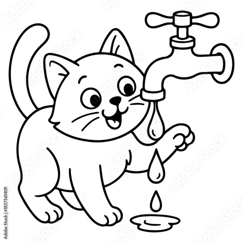 Curious Kitten and Water: A playful kitten, fascinated by water, reaches out to interact with a dripping faucet, showcasing its curiosity and the simple joys of everyday life.