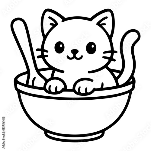 Sweetheart in a Bowl: An adorable kitten cozily perched within a bowl with a spoon, offering a delightful blend of innocence and charm.
