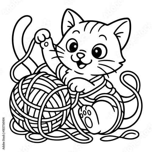 Playful Kitten with Ball of Yarn: A charming outline illustrates a gleeful kitten playfully tangled in a ball of yarn, symbolizing creativity and joy.