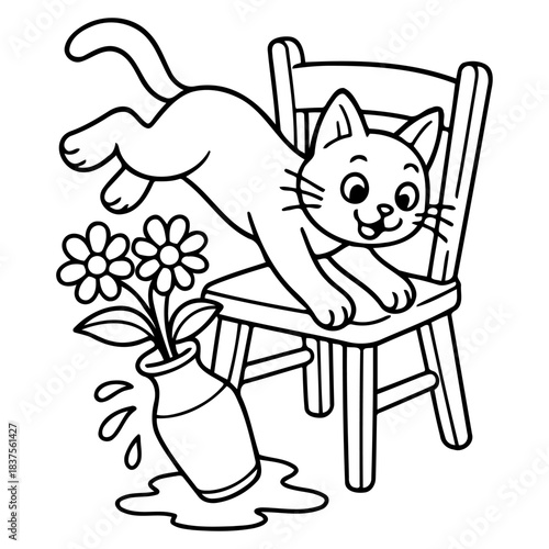 Cat's Playful Mishap: A playful cat leaps from a chair, knocking over a vase of flowers in a scene of chaotic fun. The scene is full of lively, energetic, and joyful movement.