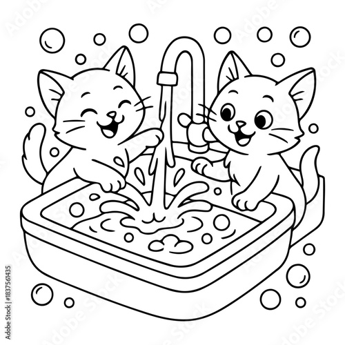 Cats' Bath Time: A playful and endearing illustration captures two adorable kittens enjoying a splashing bath, creating a heartwarming scene.
