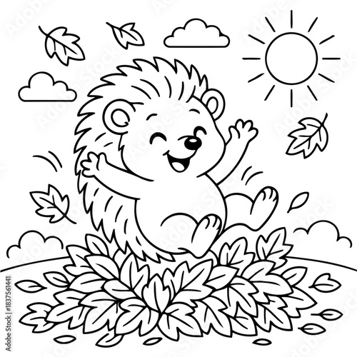 Cheerful Hedgehog in Play: A happy hedgehog revels in a playful scene, leaping amidst fallen leaves under a smiling sun and fluffy clouds. The image captures the essence of autumn's delight.