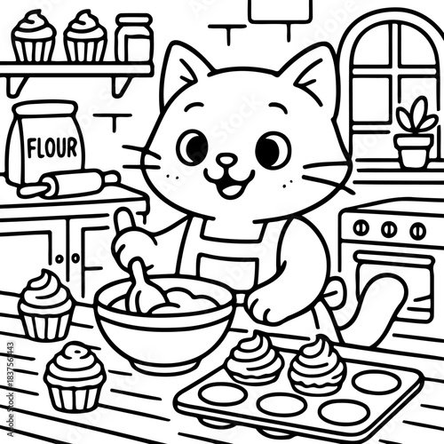 Cat Baker: An adorable cartoon cat with a chef's hat and apron merrily stirs batter, surrounded by baking equipment, in a cozy kitchen setting.