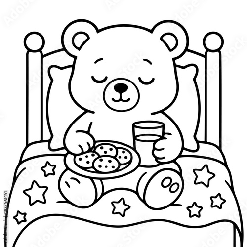 Dreamy Nighttime Snack: A cuddly cartoon bear enjoys a comforting nighttime snack of cookies and milk in bed, wrapped in a blanket adorned with stars, evoking a sense of calm and peacefulness.