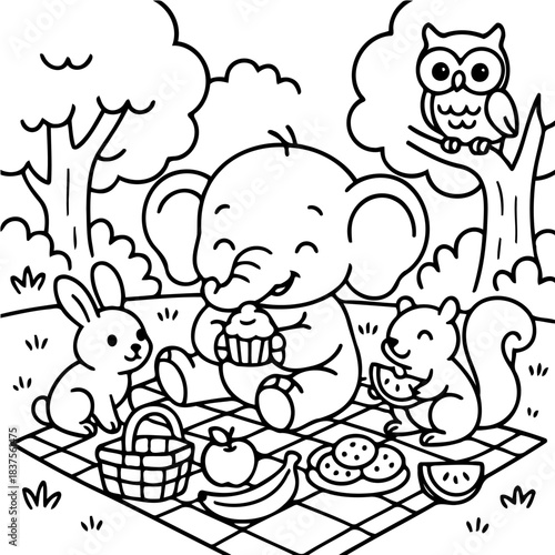Picnic in the Forest: A charming monochrome illustration of an elephant, bunny, squirrel and owl enjoying a picnic, a celebration of friendship and the joys of nature.