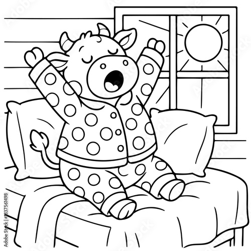 Wake-Up: A whimsical bovine, in pajamas, wakes up and yawns in bed, with the sun's gentle rays streaming through the window, portraying the tranquil concept of mornings. 