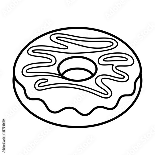 Donut Delight: A simple yet enticing monochrome illustration of a classic donut with a swirly icing design, a sweet treat.