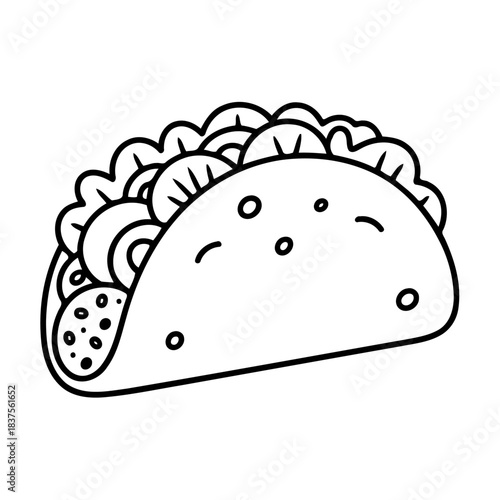 Delicious Taco illustration: A monochrome illustration of a classic taco, showcasing a crisp, folded tortilla overflowing with savory ingredients