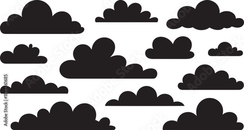 Black cloud silhouette icons featuring fluffy shapes for weather, sky, atmosphere, and design elements
