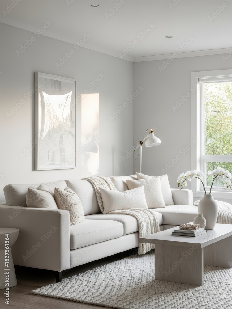Fototapeta premium Bright and modern living room interior with white sofa, coffee table, and soft rug for comfortable home decor.