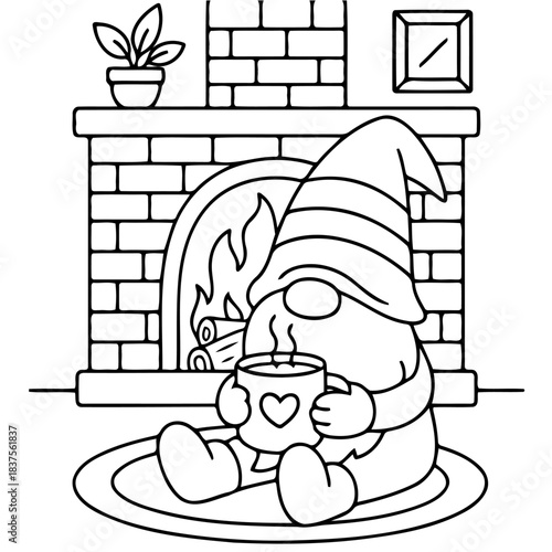 Cozy Gnome by Fireplace: A charming cartoon gnome enjoys a warm mug of beverage, resting before a crackling fireplace in a snug room, with a touch of seasonal charm.