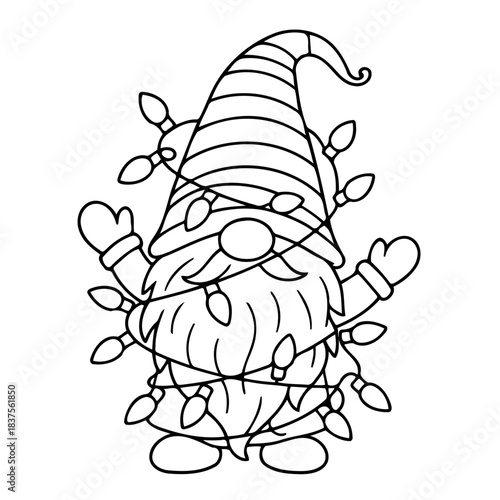 Festive Gnome Adorned with Lights: A charming line art illustration of a cheerful gnome, delightfully entangled in a string of holiday lights, showcasing the whimsical spirit of the season.