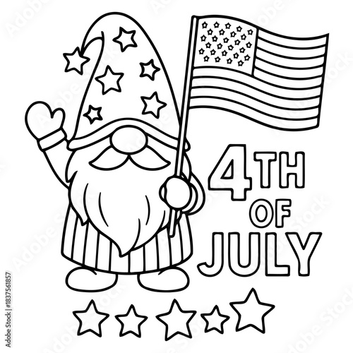 Patriotic Gnome: A charming gnome stands proudly holding an American flag with a star-studded hat. A delightful tribute to American independence.