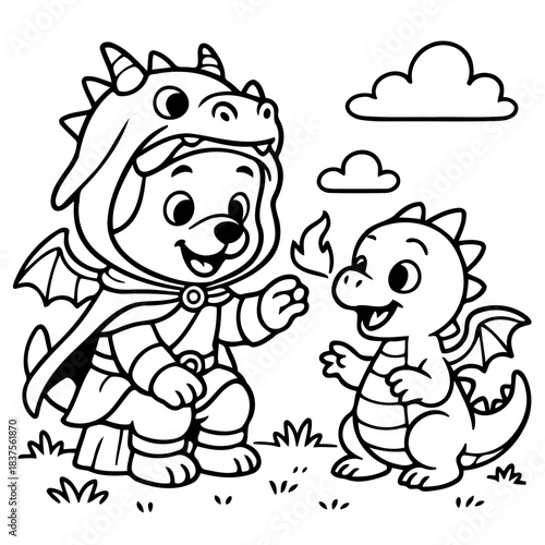 Playful Encounter: A joyous character, costumed in a playful dragon outfit, interacts with an adorable dragon, sparking a moment of innocent delight and friendship.