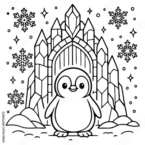Penguin's Winter Wonderland: A cheerful penguin stands proudly before a crystalline palace, embraced by a flurry of delicate snowflakes and starlight, creating a magical winter scene.