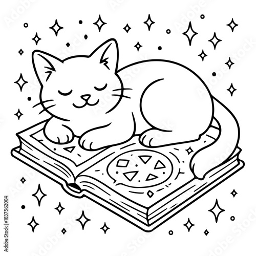 Cat Resting on Spellbook: A cute, sleepy cat rests peacefully on a mystical spellbook, surrounded by shining stars. It is an illustration for coloring.