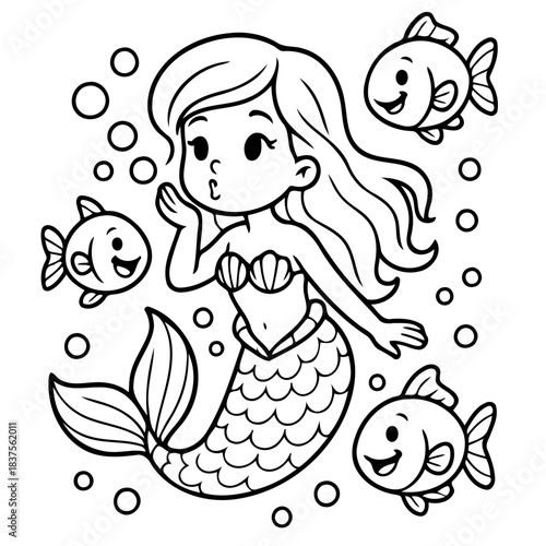 Enchanting Mermaid Fantasy: A whimsical illustration of a mermaid in a world of wonder, surrounded by playful fishes and effervescent bubbles.