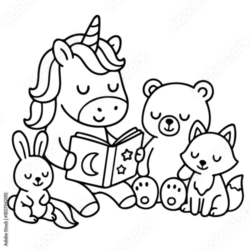 Whimsical Tale: A charming unicorn reads a story to an audience of cuddly animal friends, creating a scene of warmth, friendship, and the magic of stories.