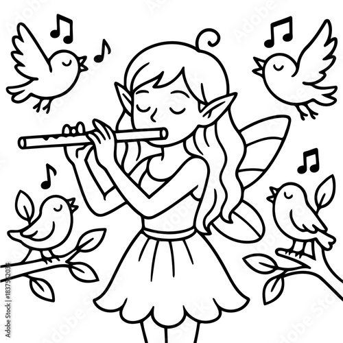 Fairy Melodies: A whimsical fairy plays a flute, surrounded by enchanting bird song.