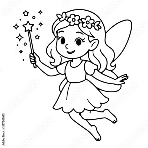 Enchanting Fairy's Magic: An outline illustration of a cute fairy with a flower crown and outstretched wand, ready to cast a spell of wonder.