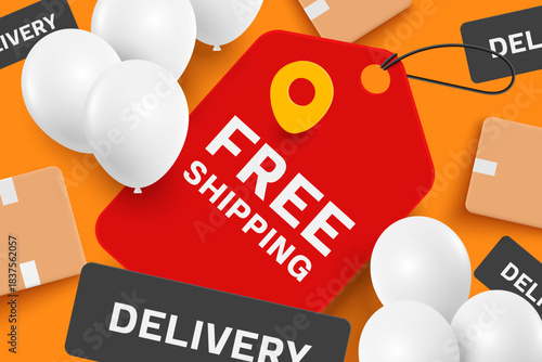 Red Free shipping promotional tag and surrounded by a parcel box or cardboard box, white balloons as props, vector 3d for delivery, e commerce, online shopping banner advertising concept design