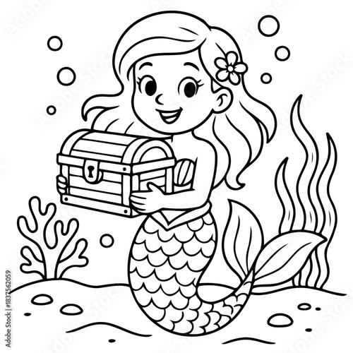 Mermaid with Treasure: A charming mermaid, adorned with flowing locks and a delicate flower, cradles a wooden treasure chest in the depths of the ocean.