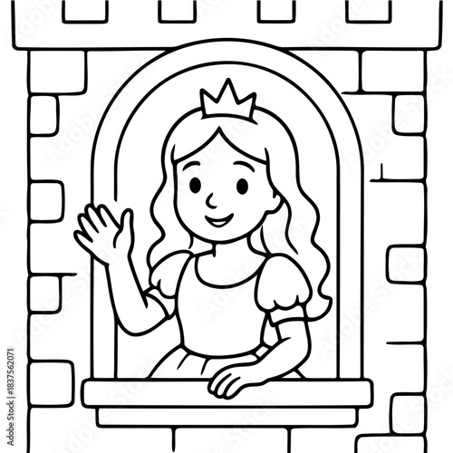 Young Princess in the Tower: A charming princess, adorned with a delicate crown, waves from the arched window of her stone tower, inviting us into a world of fairy tales and imagination.