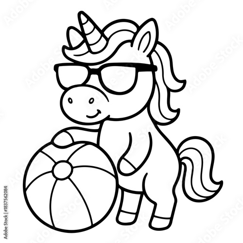 Summer Unicorn's Day Off: A whimsical and cheerful unicorn with sunglasses taking a break to enjoy a fun summer day, holding a beach ball. 