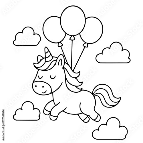 Unicorn in the Sky: A whimsical illustration of a charming unicorn soaring gracefully through the clouds, buoyed by balloons, perfect for a children's project or playful design.