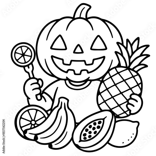 Halloween fruit character: A cartoon character with a pumpkin head, surrounded by an array of fresh and delectable tropical fruits, perfect for the spirit of a holiday.