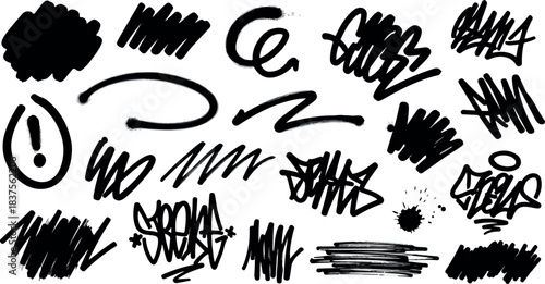 Collection of black marker graffiti doodles scribbles and tags on a white background