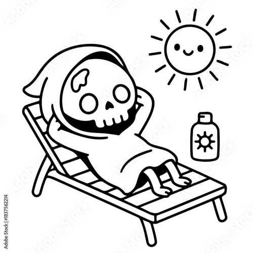 Grim Reaper's Vacation: A whimsical illustration depicts the Grim Reaper enjoying a day of relaxation, sunbathing on a beach chair under the smiling sun with a bottle of sunscreen.