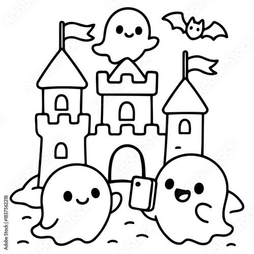 Ghostly Gathering at the Haunted Castle: Cheerful ghosts frolic around a whimsical castle, a playful bat soaring above them, hinting at a night of spooky fun.