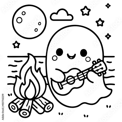 Ghost playing ukulele: An adorable cartoon ghost, radiating a sense of calmness while serenading under a moonlit sky with a ukulele. Beside the ghost lies a roaring campfire.